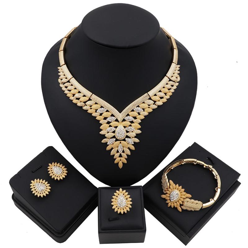 

TSROUND Necklace Ring Bracelet Earring for Women African Nigerian Jewelry Sets Turkey Party Jewellery, As pic