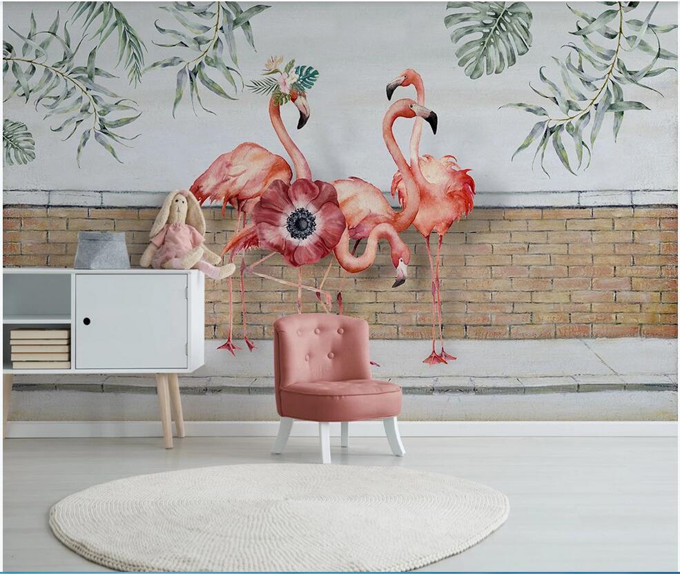

WDBH 3d wallpaper custom photo Nordic small fresh leaves flamingo idyllic brick wall background wall home decor decoration painting, Non-woven