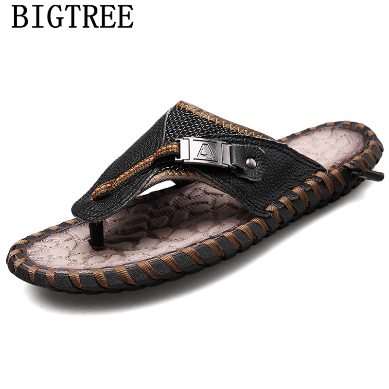 

Beach Slippers Fashion Men Slippers Leather Mens Sandals Genuine Leather Slides Summer Men, Black