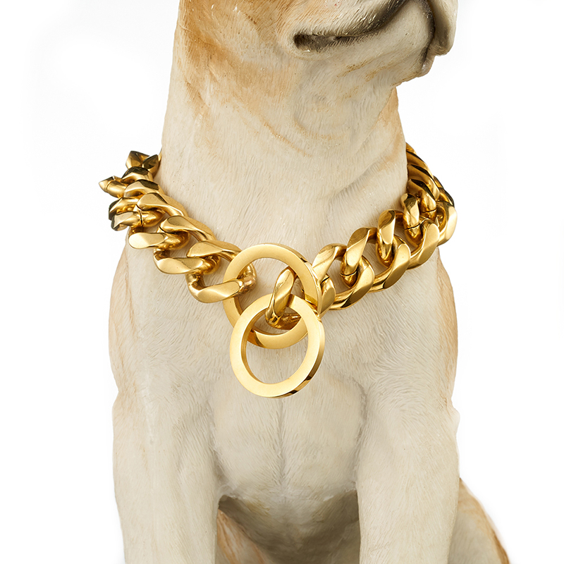 

Top quality 19mm 18-30 inch Gold Silver Tone Double Curb Cuban Pet Link Stainless Steel Large Dog Chain Collar Pet Necklaces