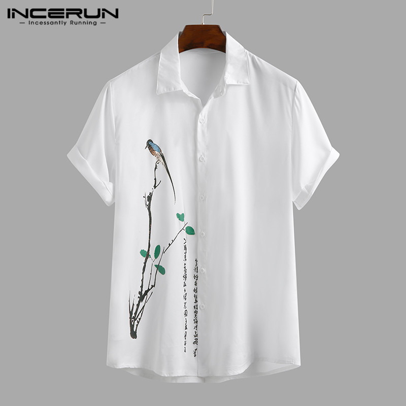 

INCERUN Summer Men Casual Shirt Short Sleeve Breathable 2020 Printed Vintage Turn Down Collar Camisa Masculina Street Blouse 3XL, Black