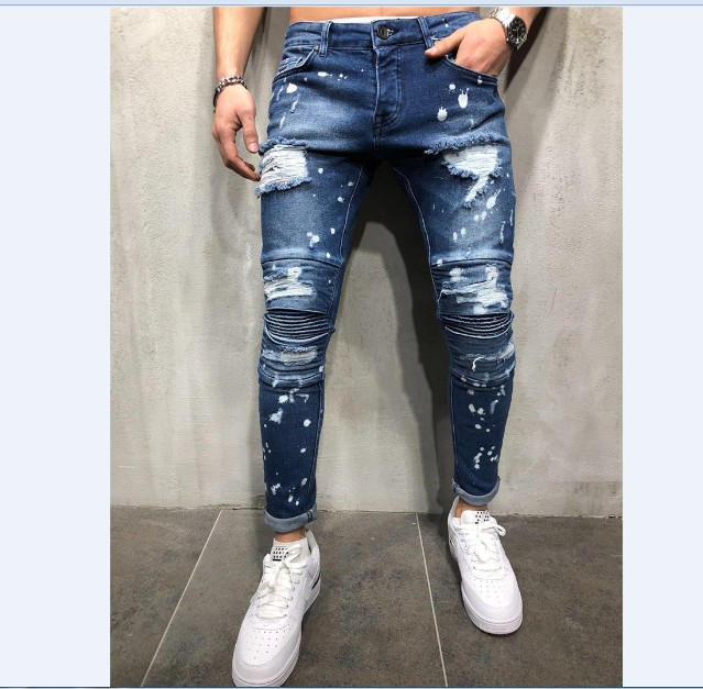

Men Painted Jean Skinny Slim Fit Straight Ripped Distressed Pleated Knee Patch Denim Pants Stretch Jeans, Blue
