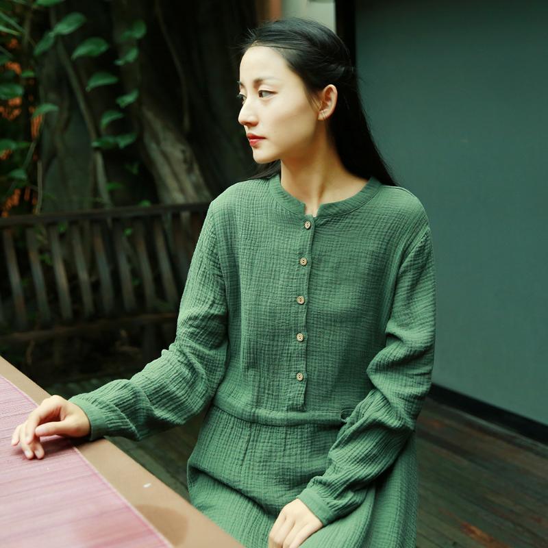 

Johnature Women Cotton Linen Bandage Dress Autumn Robe 2020 New Button Long Sleeve Solid Color Casual Women Cloths Vintage Dress, Blue