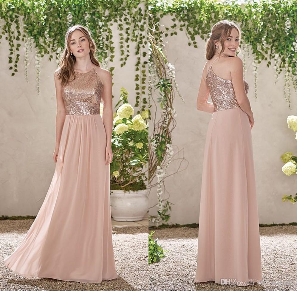 

Rose Gold Sequined Bridesmaid Dress Long Chiffon Halter A Line Straps Ruffles Blush Pink Maid Of Honor Wedding Guest Dresses