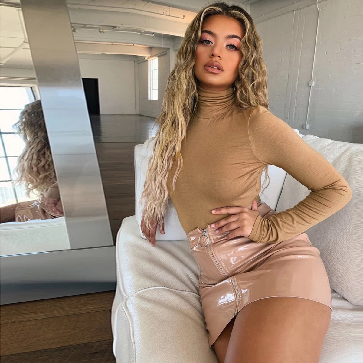 

Large size women' long sleeve high collar slim sexy jumpsuit pants, Khaki