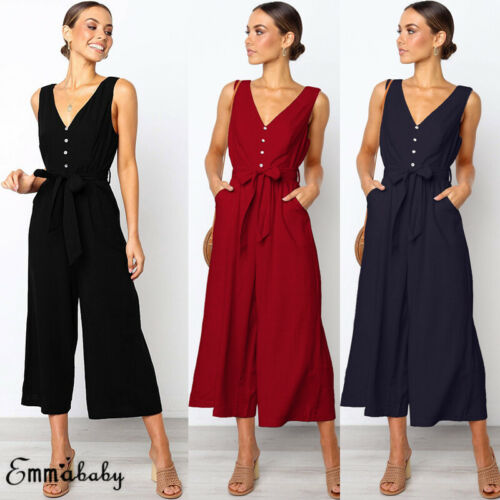

Women spaghetti strap wide legs Bodycon Jumpsuit V-neck Romper Trousers Clubwear, Black
