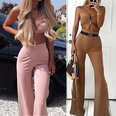 

2 Two Piece Set Women Wrap Chest Crop Top and Long Pants Suit Sexy Shoulder Back Bodybuilding Tracksuit Autumn 2020 women, Orange