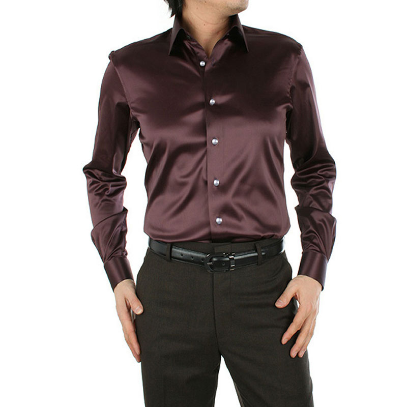 

mens shirt long-sleeved satin silk pure color coffee, Purple