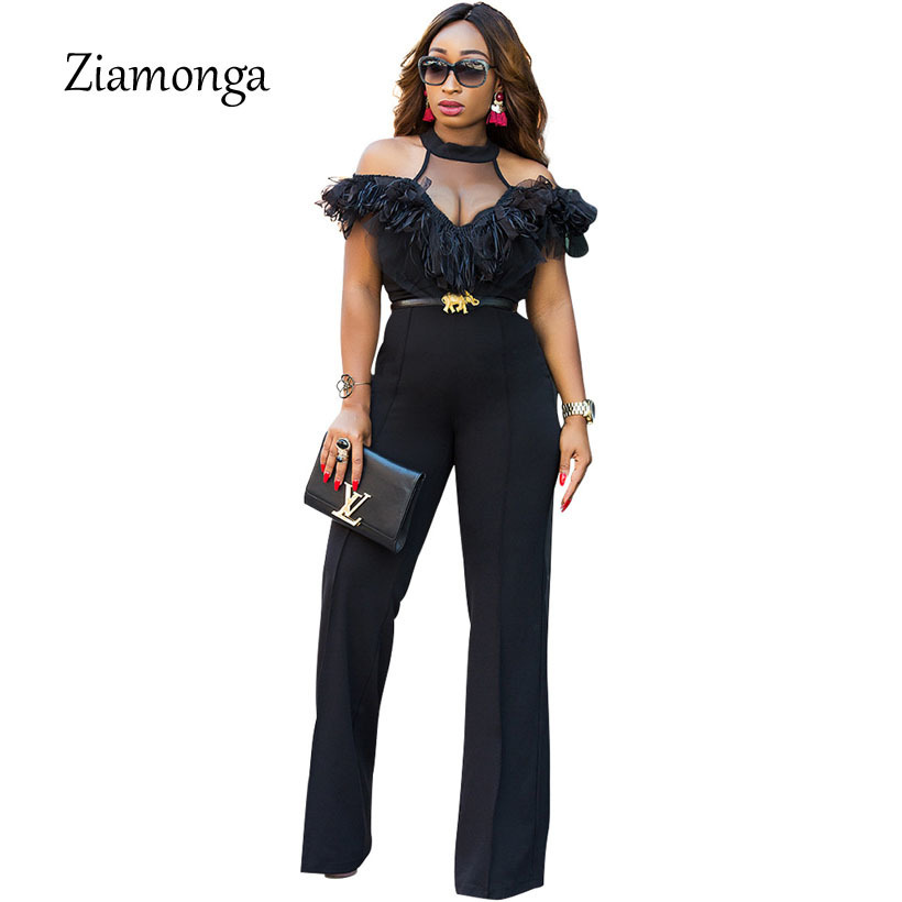 

Ziamonga 2018 New Women Jumpsuit Off Shoulder Elegant Jumpsuits Women Plus Size Rompers Womens Jumpsuit Ruffles Female Overalls Y19060501, Black;gray