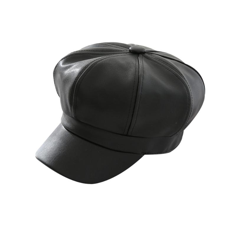 

women fashion solid octagonal faux leather caps fashion autumn winter caps men and women casual vintage hats accessories, Black