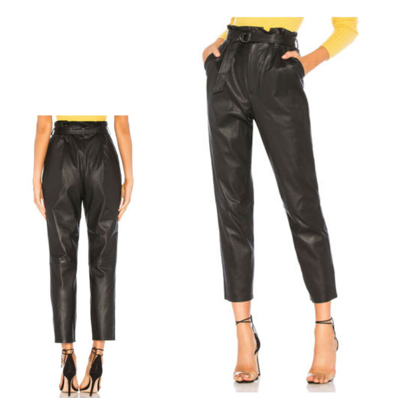 

Women High Waist Casual Loose Solid Paperbag PU Leather Stretch Black Trousers