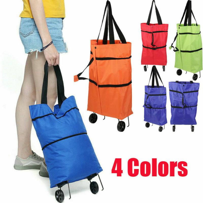 

NEW Folding Bags wheels on Trolley Lightweight Grocery Shopping Foldable Shopper with 2 Wheels
