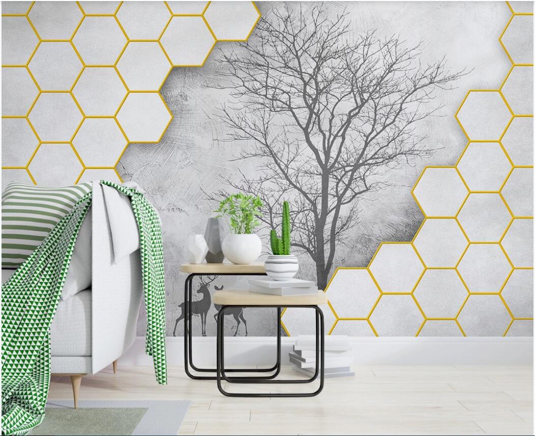

3d wallpaper custom photo mural Modern simple geometry solid hexagonal tree silhouette moose background wall wallpaper for walls 3 d, Non-woven fabric