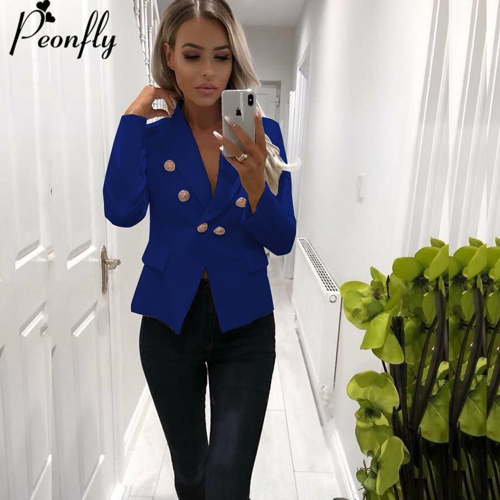 

PEONFLY Fashion 2019 Designer Blazer Jacket Women' Single Breasted Metal Lion Buttons Blazer Outer size -XXL bule balck pink, White