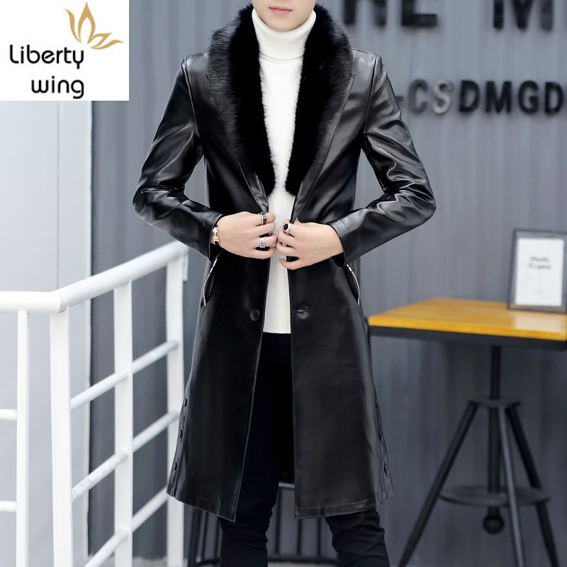 Motorcycle PU Leather Faux Fur Collar Mens Winter Korean Long Sleeve Single Breasted Slim Male Trench Coats Plus Size
