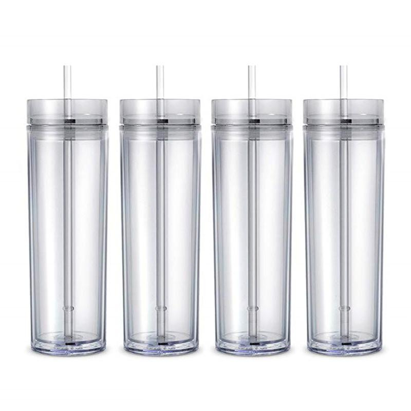 

16oz Acrylic Straight Cup Tall Skinny Tumbler 480ML Double Wall clear Water Cups with Lid and Straw kettle