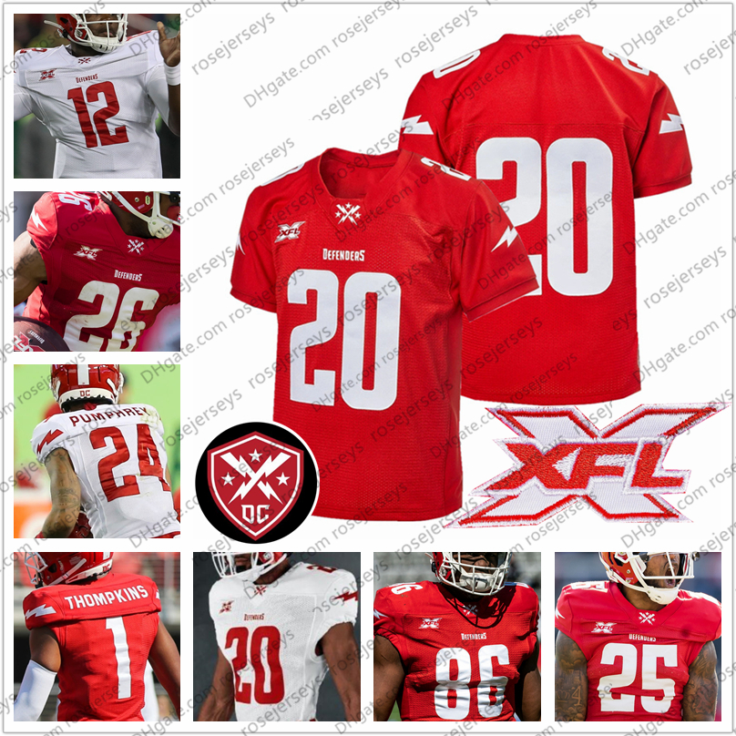 

Custom DC Defenders 2020 XFL Football #12 Cardale Jones 26 Jhurell Pressley 24 Donnel Pumphrey 15 Rashad Ross Jones Red White Jerseys -4XL