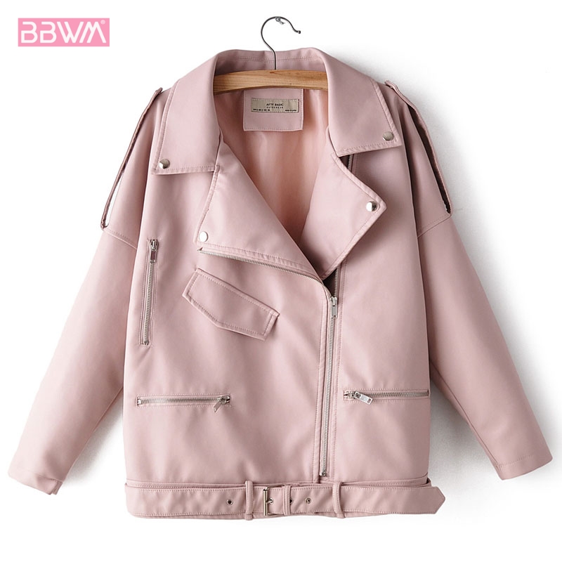 

PU Long Sleeve Lapel Loose Belt Zipper Locomotive Windproof Women' Jacket 2020 Winter Korean Chic Pink Female Coat Black Beige