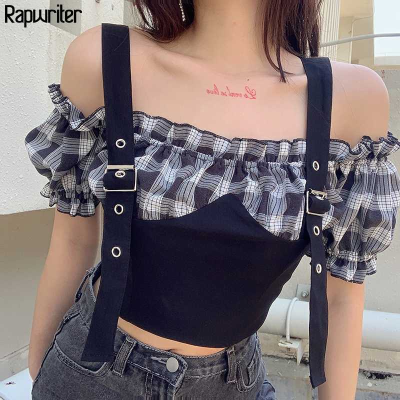 

Rapwriter Adjustable Strap Summer T Shirt Patckwork Plaid Tops Ruffles Short Sleeve 2020 Streetweat harajuku Tee Shirt Crop Tops, Black t-shirt