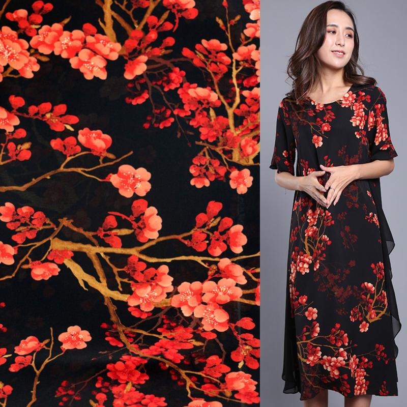 

New plum digital printing women's fashion fabric dress shirt spring and summer polyester chiffon printed cloth red and black