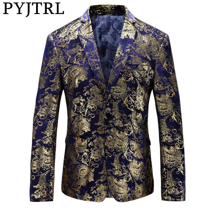

PYJTRL Brand Tide Blazer Men Blue Velvet Gold Floral Print Fashion Causal Suit Jacket Night Club DJ Singers Slim Fit Outfit, Picture color
