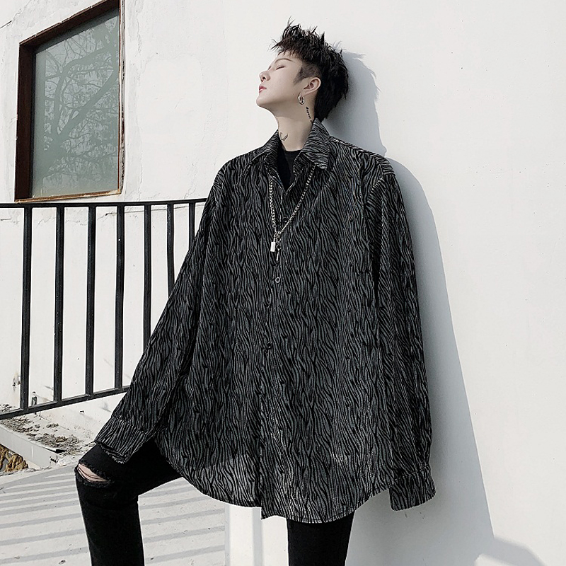 

2020 New Spring dark velvet bright silk design loose long sleeve shirt fashion men's personality Hiphop shirt Stage Costumes, Black