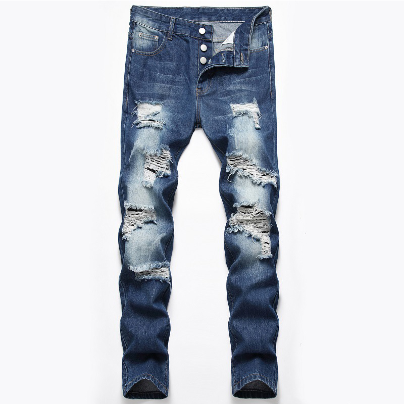 

Jeans men's hole jeans men's nostalgic blue button personality straight pants street trousers