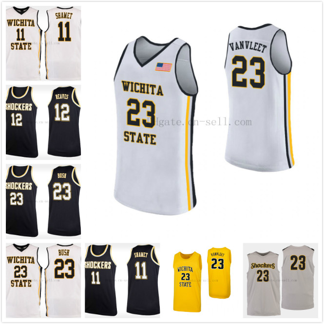 

Custom Wichita State Shockers Any Name Any Number Black Gold White Personalized 11 Landry Shamet NCAA College Basketball Jersey