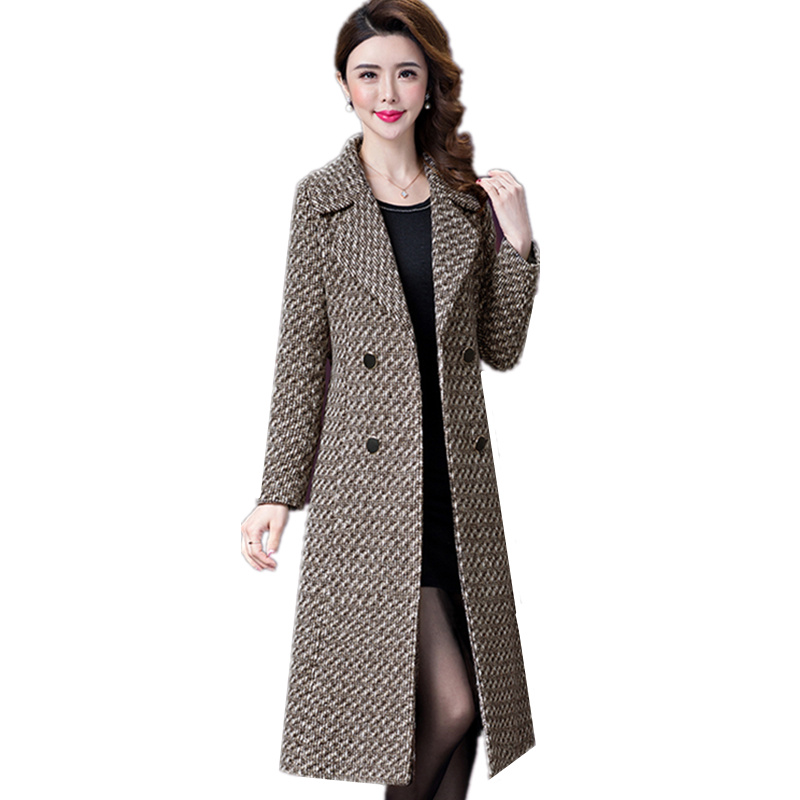 

Classic coat Woolen coat female New Autumn Winter Large size suit collar Womens Double-breasted long lattice Wool 5XL, Black
