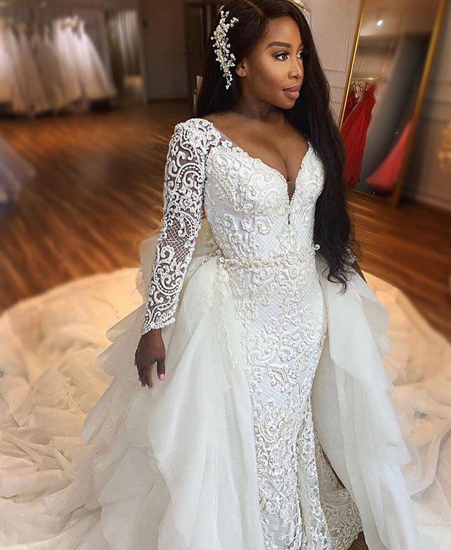 

South African Black Girl Lace Wedding Dresses 2020 Mermaid Long Sleeves Garden Country Bride Bridal Gowns Custom Made Plus Size, Pink