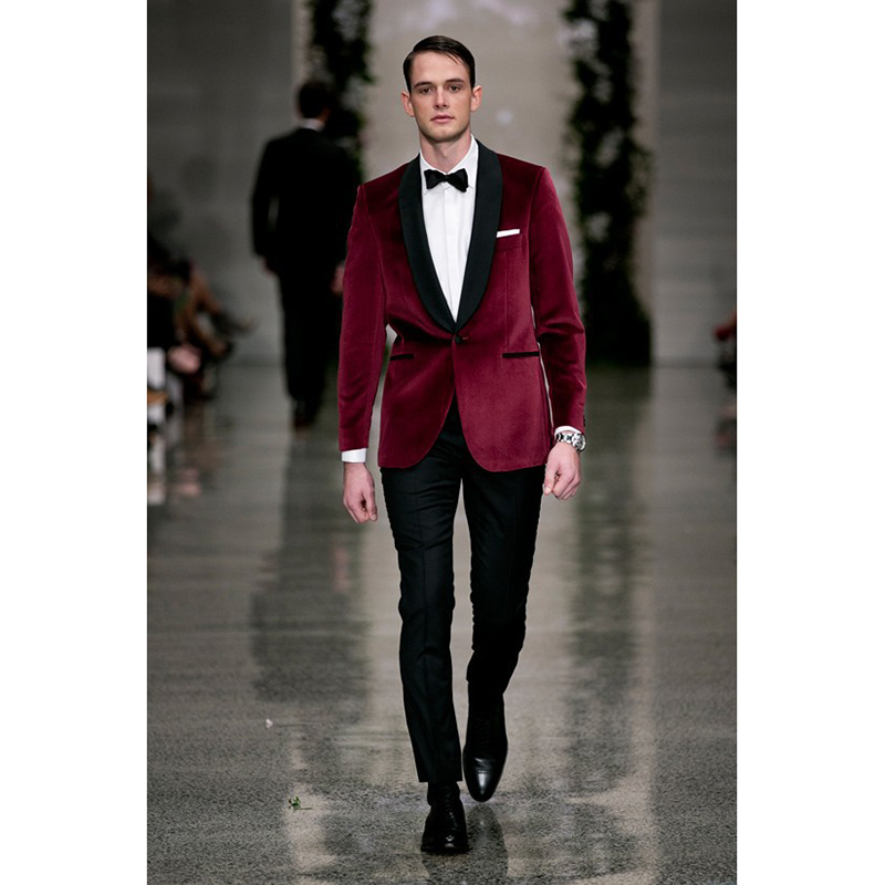 

Burgundy Velvet Men Suits Slim Fit Groom Tuxedos Two Buttons Mens Wedding Suits Prom Party Suit (Jacket+Pants+Tie, Dark grey