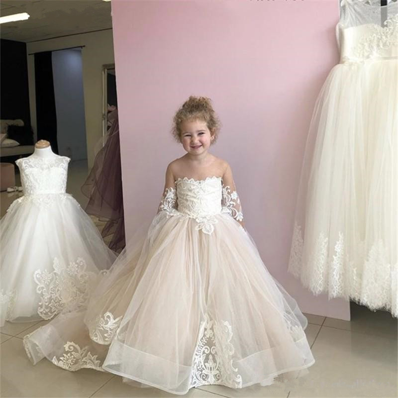 

2020 New Champagne Flower Girls Dresses For Weddings Jewel Neck Lace Appliques Illusion Tulle Long Sleeves Birthday Children Pageant Gowns, Ivory