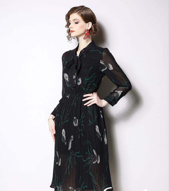 

Black summer flora Chiffon printed dress bow collar girl Mid-Calf dresses street style dress Long sleeve slim fit skirts