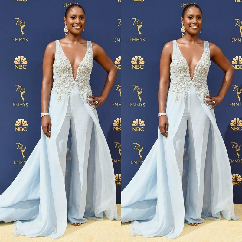 

Emmy Awards Jumpsuit Formal Party Celebrity Red Carpet Gowns with Overskirts Applique V Neck Women Prom Evening Pant Suits, Hunter