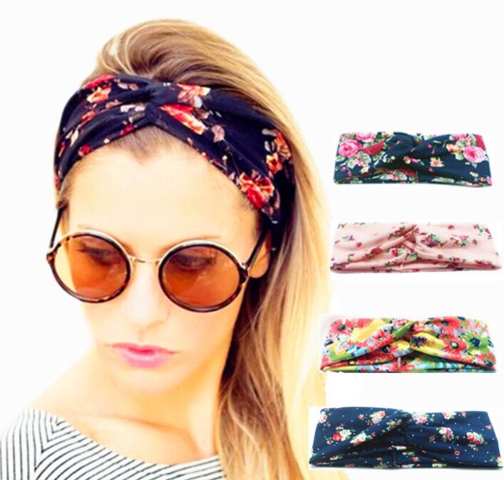 

European and American printed knitted polyester and cotton hair with cross sports elastic headband women's knotted headwear, Multicolor