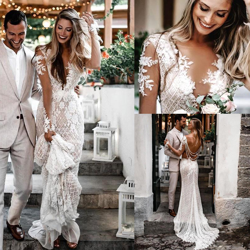 

2020 Bohemian Long Sleeve Lace Mermaid Wedding Dresses Sexy V-Neck Skin Lining Elegant Bridal Gowns Country Boho Wedding Dress BC3000, Same as image