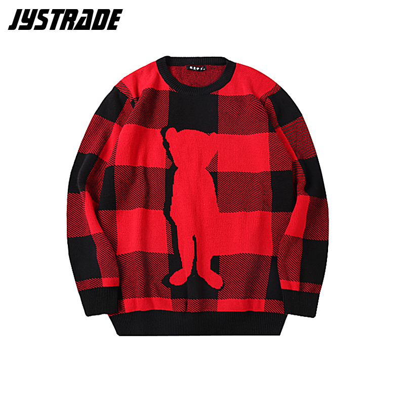 

black red plaid sweater men loose long sleeve pullover knitted embroidered sweater cartoon male autumn winter streetwear coat, As pic