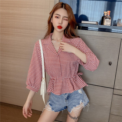 

2020 Sweet Notched Red Plaid Cotton Vintage Slim Summer Short Women ShirtsThree Quaiter Lanern Sleeve Elastic Sashes Roupa
