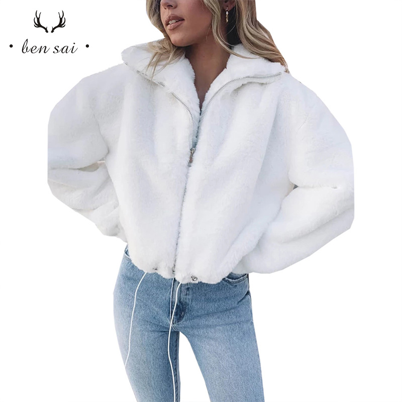 

Women' Jackets Women Fashion Short Coat Winter Faux Fur Thick Plus Size Fluffy Pockets Plush Jacket Ladies Autumn Overcoat Outerwear, White