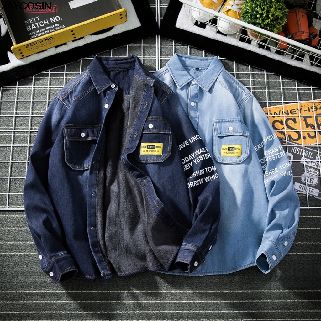 

KLV Jackets Men Add Wool Upset Casual Winter Patchwork Long Sleeve Jean jacket Coats 2020 new hot sale denim bomber jacket 70, Blue