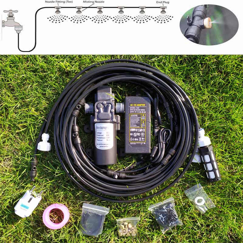 

18M Water Mist Spray Electric Diaphragm Pump Kit Misting System Automatic Water Pump Sprayer with Brass Mist Nozzles for Garden