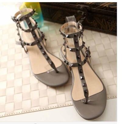 

Hot Sale-Size 34-42 rainbow color rivets flip flops T strap-sandals ankle belt Roman shoes
