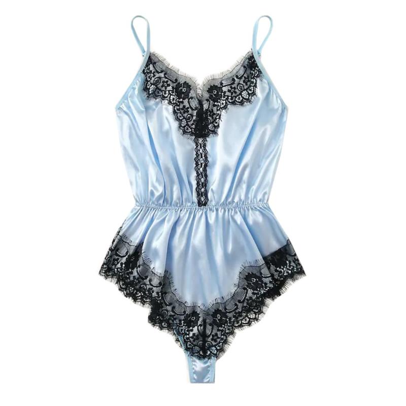 

Sagace Lace Pajamas Women Lace Solid V-Neck Teddy Satin Blue Ladies Bodysuit Backless Sexy Girls Triangle Lingerie Pajamas -2XL