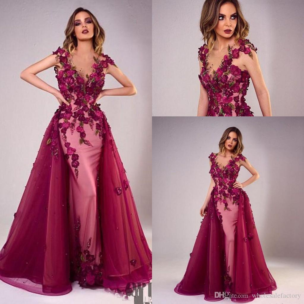 

2020 Evening Dresses With Detachable Skirt Beads Mermaid Prom Gowns 3D Floral Lace Applique Luxury Party Dresses, Grape