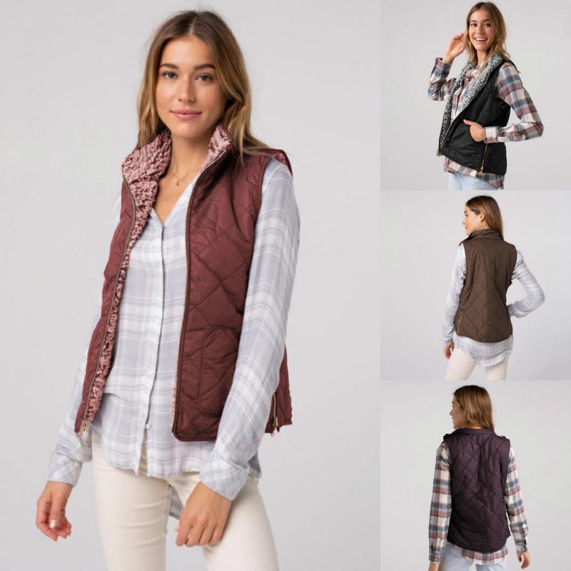 

Women's fall / winter stand collar Reversible vest Fall / Winter Casual Zip Slant pocket Sleeveless Coat, Deep purple