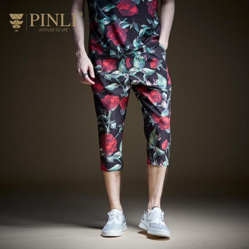 

Pinli 2020 Summer New Discount Clearance Slim Pencil pants Rose Printed Casual men Polyester Capri pants Beach pant High quality, White