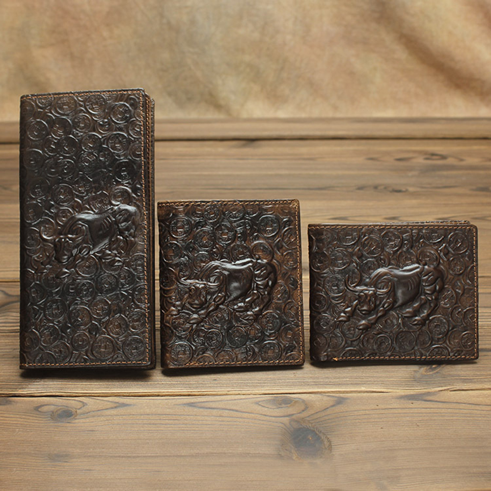 

Genuine Leather Fold Over Wallet Men Vintage Chinese Style Zodiac Cow Pattern Cowhide Wallets Interior Slot Pocket Card Holder Coin Purses, 3 colors for choice