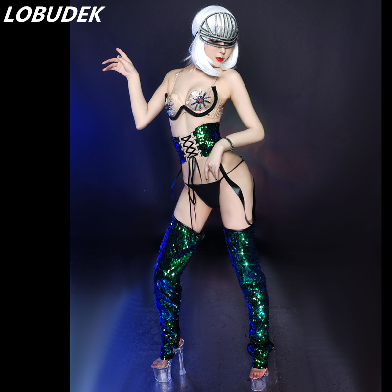 

Sexy Dance Costume Bar Nightclub DJ Singer Stage Wear Rhinestones Bikini Leggings Set Pole Dance Party Rave Performance Clothes