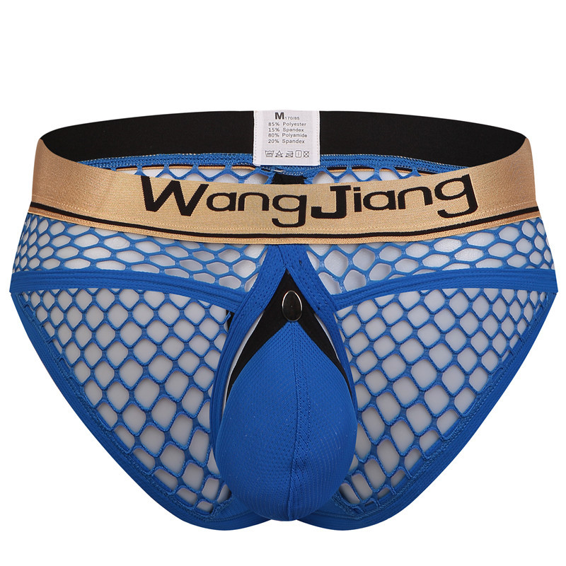 

#2025SJ Wholesale SUPER sexy gay men's underwear mesh holes see-through transparent buckle cut-out briefs underpants panties, Sky blue