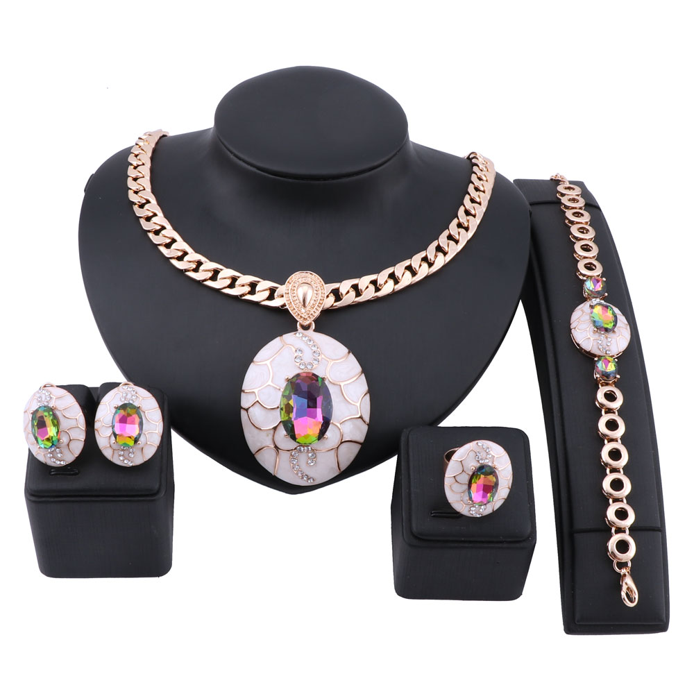 

Exquisite Dubai Gold Crystal Enameled Jewelry Set Brand Nigerian Wedding Woman Bridal Party Necklace Earring Jewelry Set, Slivery;golden